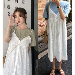 Set: Short-sleeve T-shirt Dress + Spaghetti-strap Embroidered Dress