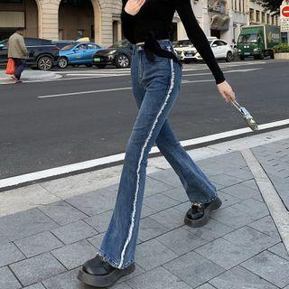 Fringed Trim Washed Boot-cut Jeans