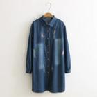 Rabbit Embroidered Long-sleeve Denim Shirt Dress Dark Blue - One Size