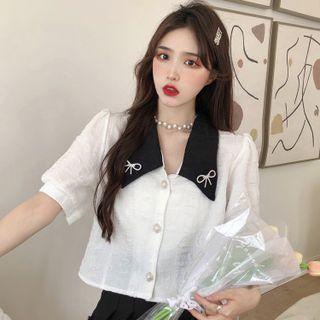 Puff-sleeve Contrast Collar Button-up Cropped Blouse