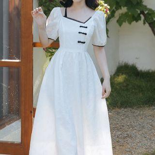 Puff-sleeve Asymmetrical Frog Buttoned Midi A-line Dress