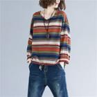 Long-sleeve Striped Top Stripes - White & Brown & Blue - One Size