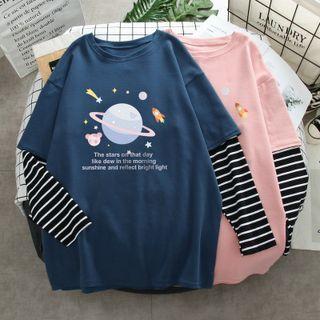 Long-sleeve Mock Two-piece Planet Print T-shirt