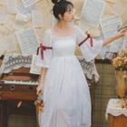 Square-neck Elbow-sleeve Midi A-line Lace Dress