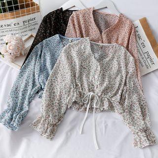 Drawstring-waist Floral Crop Blouse