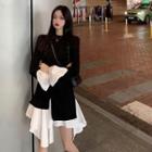 Mock-two Color-block Long-sleeve Dress Black - One Size