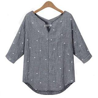 3/4-sleeve Split-neck Star Print Blouse