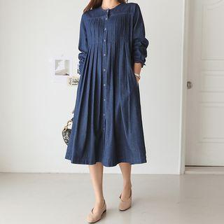 Round-neck Denim Pleated Dress Dark Blue - One Size