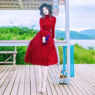 Set: Turtleneck Knit Top + A-line Skirt