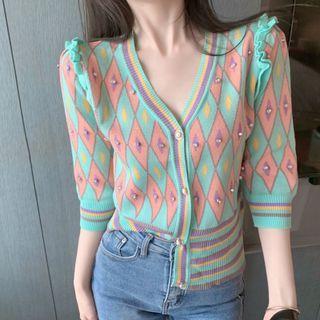 3/4-sleeve Argyle Cardigan Pink & Green - One Size
