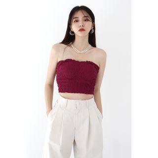 Padded Smocked Tube Top With Shoulder Strap Wine Red - One Size