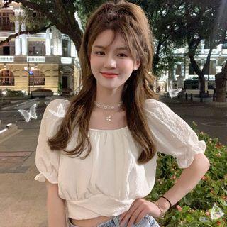 Puff-sleeve Square Neck Tie-waist Plain Cropped Blouse