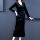 V-neck Long-sleeve Midi Velvet Dress