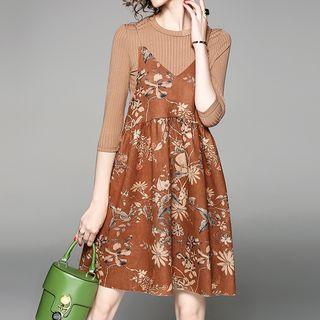Set: Elbow-sleeve Knit Top + Floral Print Spaghetti Strap Dress