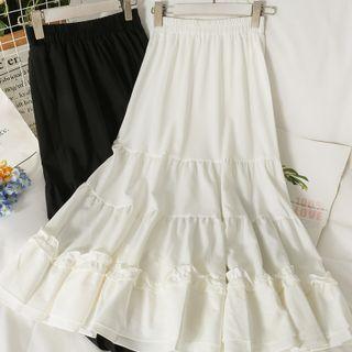 Patchwork Ruffle-hem Midi Skirt