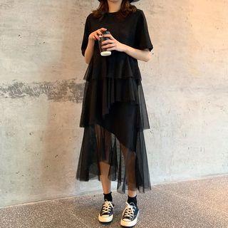 Short-sleeve Tiered Mesh Panel T-shirt Dress