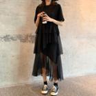 Short-sleeve Tiered Mesh Panel T-shirt Dress