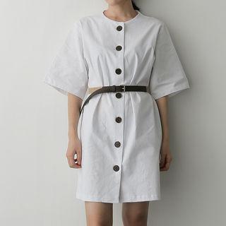 Elbow-sleeve Button-accent Shift Dress With Belt