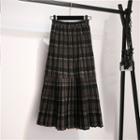 Plaid Pleated A-line Midi Skirt Black & Brown - One Size