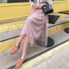 Accordion-pleat Tulle Long Skirt Pink - One Size