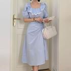 Puff-sleeve Ruffled Drawstring Midi A-line Dress Light Blue - One Size