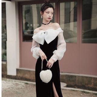 Long-sleeve Off-shoulder Maxi Sheath Cocktail Dress