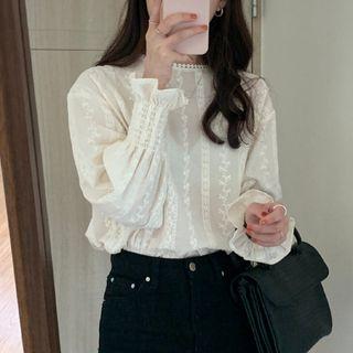 Crochet Trim Gather-cuff Plain Top