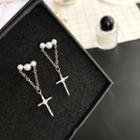 Rhinestone Cross Drop Beaded Earring 1 Pair - 925 Silver Needle - Silver - One Size