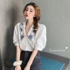 Collared Embroidered Elbow-sleeve Blouse