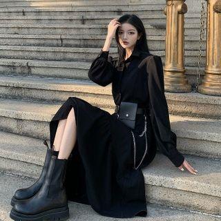 Long-sleeve Plain Asymmetrical Dress / Faux Leather Belt Bag