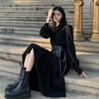 Long-sleeve Plain Asymmetrical Dress / Faux Leather Belt Bag