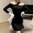 Long-sleeve Cold-shoulder Zipped Mini Sheath Dress Black - One Size