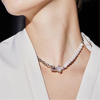 Square Rhinestone Faux Pearl Choker White & Silver - One Size