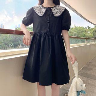 Puff-sleeve Collared Mini A-line Dress Black - One Size