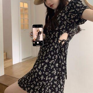 Floral Cutout Mini A-line Dress Black - One Size