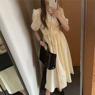 Puff-sleeve Tie-waist Midi A-line Dress Off-white - One Size