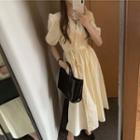 Puff-sleeve Tie-waist Midi A-line Dress Off-white - One Size