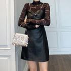 Set: Long-sleeve Lace Top + Spaghetti Strap Faux Leather Mini A-line Dress