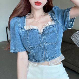Short-sleeve Ruffled Denim Top