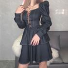 Puff-sleeve Tie-front Layered A-line Dress