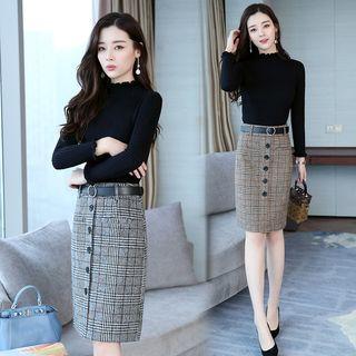 Set: Mock-neck Long-sleeve Knit Top + Plaid Pencil Skirt