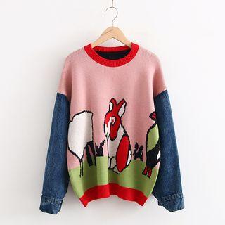 Rabbit Print Denim Sleeve Sweater