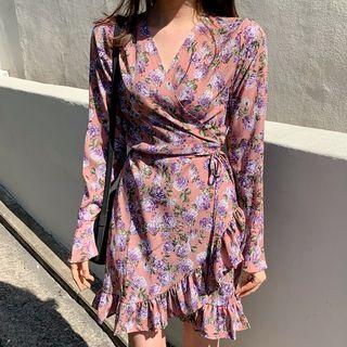 Flare-cuff Floral Surplice-wrap Dress