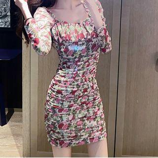 Floral Print Long-sleeve Ruched Mini Sheath Dress