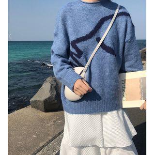 Loose-fit Printed Knit Sweater Blue - One Size