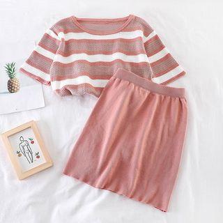 Set: Striped Knit Top + Skirt Pink - One Size