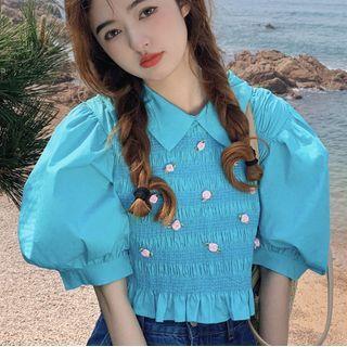 Puff-sleeve Collar Crinkle Blouse Blue - One Size