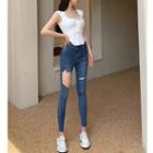 Side-slit Camisole Top / Cutout Skinny Jeans