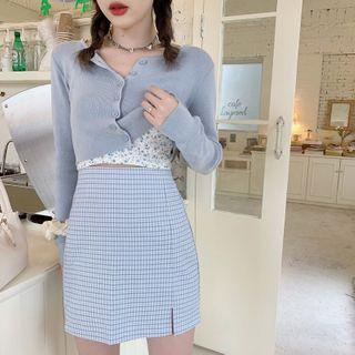 Plaid Mini Fitted Skirt / Cardigan / Spaghetti Strap Floral Print Top