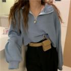 Long-sleeve Plain Half-zip Cropped Top Grayish Blue - One Size